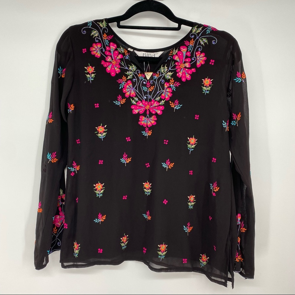 NWT Biba Silk Embroidered Long Sleeve Sheer Blouse Top